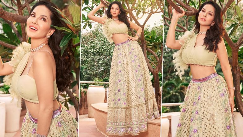 Sunny Leone Shines in Exquisite Light Green Embroidered Lehenga (View Pics)