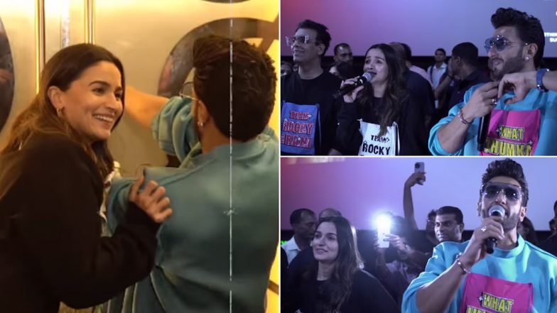 Rocky Aur Rani Kii Prem Kahaani Stars Ranveer Singh and Alia Bhatt Surprise Fans at Screening: 'Picture Kaisi Lagi?' (Watch Video)