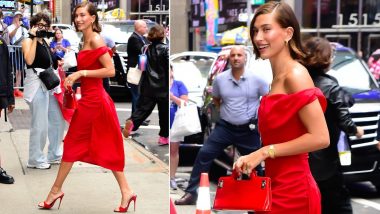 Hailey Bieber is a Total Bombshell in Red Off-Shoulder Dress During New York City Outing (View Pics)