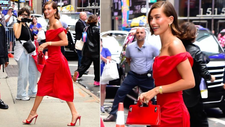 Hailey Bieber is a Total Bombshell in Red Off-Shoulder Dress During New York City Outing (View Pics)