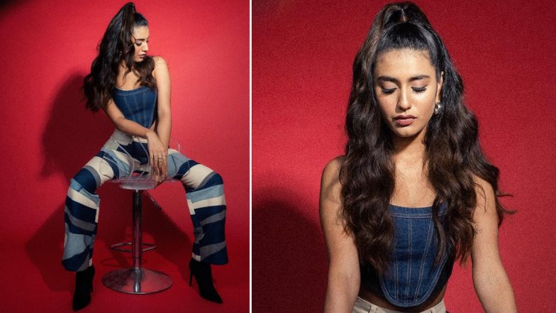 Priya P Varrier Sports a Quirky Denim Look with a Corset Top and Multi-Colored Jeans (View Pics)