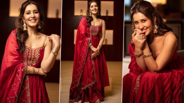 Raashii Khanna Looks Mesmerising in Sleeveless Red Embroidered Suit (See Pics)