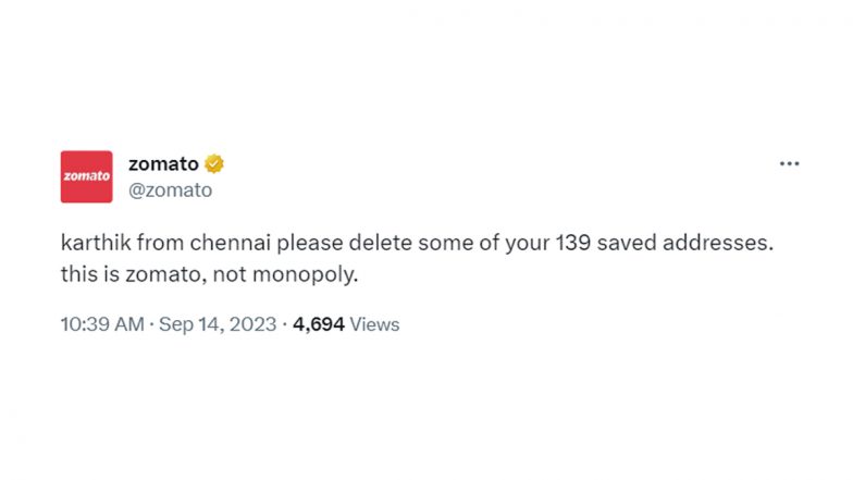 'This is Zomato, Not Monopoly': Zomato Asks Chennai Man Named Karthik to Delete 139 Saved Addresses, Hilarious Tweet Goes Viral