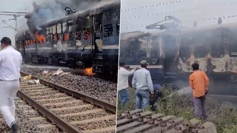 Gujarat Train Fire Video: Blaze Erupts in Dahod-Anand Memu Train's Engine Near Dahod, Terrifying Visuals Surface