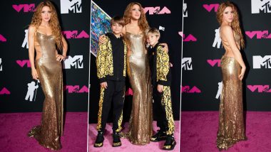 VMAs 2023: Shakira Shimmers in Stunning Golden Donatella Versace Dress Alongside Her Sons on the Carpet (View Pics)