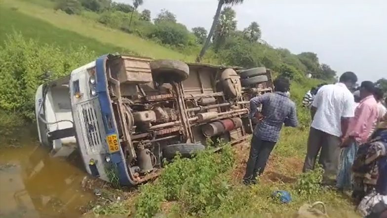 Telangana Road Accident Video: RTC Bus Overturns on Tirumalagiri Road in Yadadri District, Two Killed