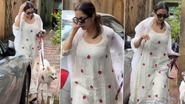 Malaika Arora Steps Out With Her Pet Dog Casper in Pretty Red and White Salwar Kameez (Watch Video)