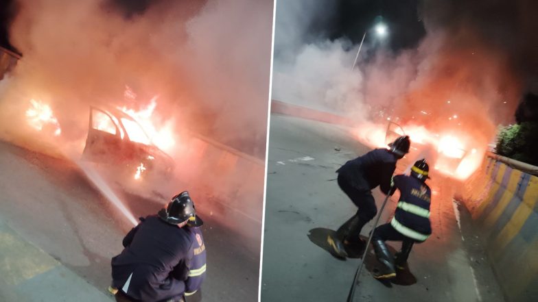 Car on Fire in Thane: Moving Four-Wheeler Goes Up in Flames on Mumbra Bypass Road, All Seven Occupants Evacuated Safely (See Pics and Video)