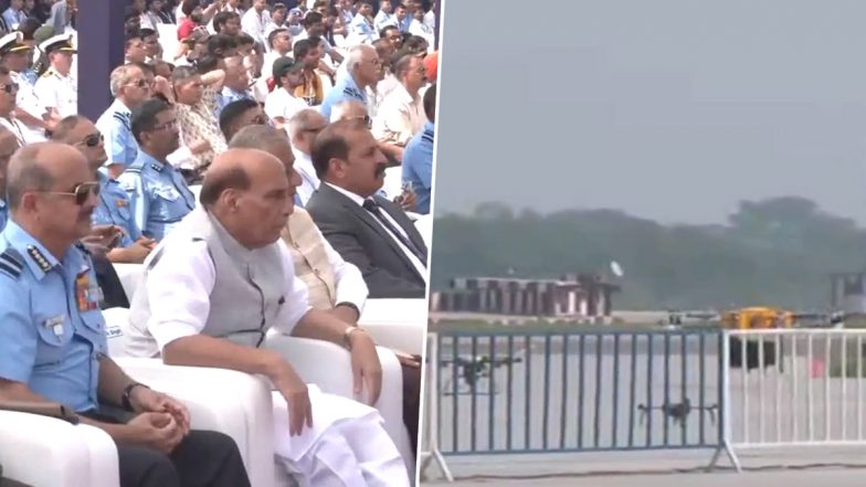 Bharat Drone Shakti 2023: Rajnath Singh and IAF Chief VR Chaudhari Witness Display of Kamikaze Drone at Ghaziabad’s Hindon Airbase (Watch Video)