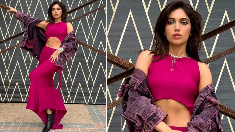 Bhumi Pednekar Rocks Black Boots With Dark Fuchsia Midriff Cut Dress and Jacket (View Pics)