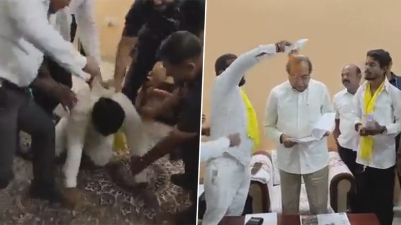 Haldi Thrown on Radhakrishna Vikhe Patil: Protestor Beaten Up After Throwing Turmeric Powder on Maharashtra Revenue Minister, Video Goes Viral