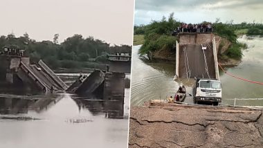 Gujarat Bridge Collapse: Portion of Old Bridge on Bhogavo River Collapses in Surendranagar District; Four Injured (Watch Video)