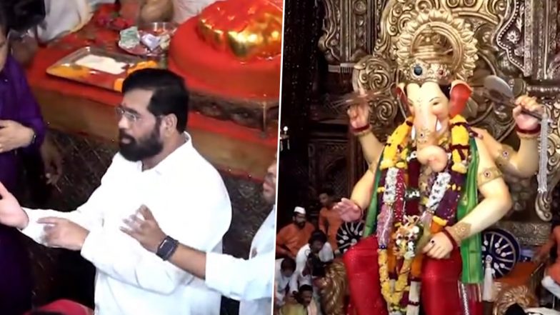 Ganeshotsav 2023: Maharashtra CM Eknath Shinde Offers Prayers to Lord Ganesha at Lalbaugcha Raja in Mumbai (Watch Video)