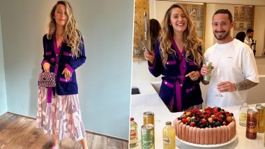 Blake Lively Serves Glam in Dark Blue Coat Paired With Printed White Midi Skirt While Baking a Cake With French Pastry Chef Cédric Grolet