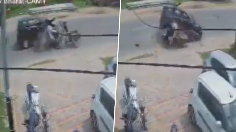 Uttar Pradesh Road Accident Video: Couple Flung Into Air, Dies After Car Rams Into Bike in Hapur; Terrifying CCTV Footage Surfaces