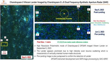 Chandrayaan 3 on Moon: ISRO Shares New Photo of Vikram Lander Taken by DFSAR Onboard Chandrayaan-2 Orbiter (See Pic)