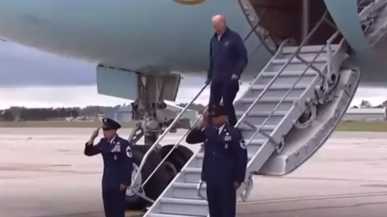 US President Joe Biden Stumbles on Plane Stairs Amid Reports of ‘Do Not Let Him Trip’ Misson by His Team (Watch Video)