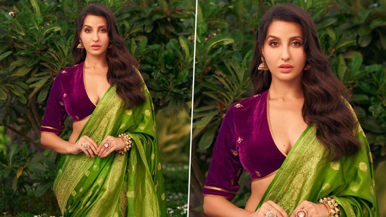 Nora Fatehi Stuns in Green Saree Paired With Velvet Neck Plunging Blouse (See Pics)