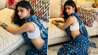 Mouni Roy Flaunts Her Svelte Figure in Blue Saree and White Sleeveless Blouse (See Pics)