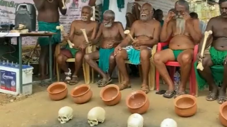 Protest With Human Skeleton: Tamil Nadu Farmers Stage Protest With Human Skeletons in Trichy Over Cauvery Water Issue