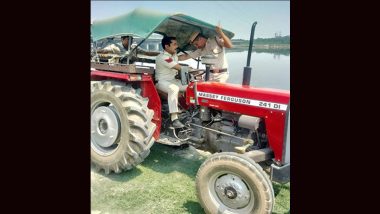 G20 Summit 2023: Delhi Police Patrols Raj Ghat Area With Tractor Ahead of Summit (Watch Video)