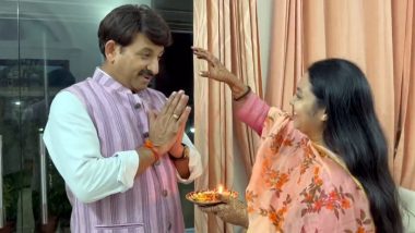 BJP MP Manoj Tiwari's Wife Surabhi Tiwari Greets Him with Aarti for Successful Passing of Women's Reservation Bill in Lok Sabha, Heartwarming Video Surfaces