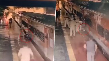 Uttar Pradesh Shocker: Passenger Narrowly Escapes Death After Getting Stuck Between Moving Train and Platform in Chandauli (Watch Video)