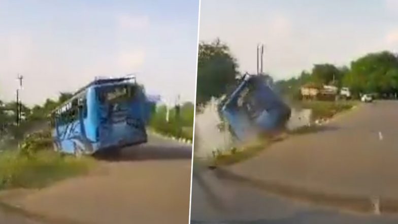 Khargone Bus Accident Video: Vehicle Carrying Passengers Suffers Tire Burst, Plunges Into River; Terrifying Clip Surfaces