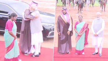 Saudi Arabia Crown Prince Mohammed bin Salman Al Saud Attends Ceremonial Reception at Rashtrapati Bhavan, Shares Hug With PM Narendra Modi (Watch Video)