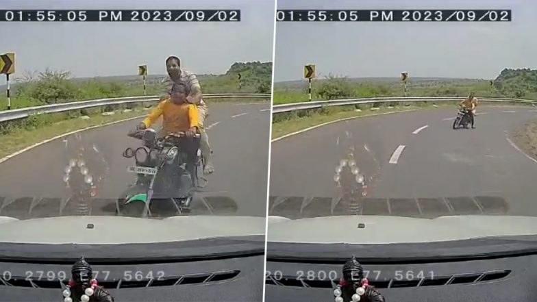 Maharashtra Road Accident Video: Speeding Bike Hits Car at Curve in Washim, Dashcam Captures Horrifying Collison