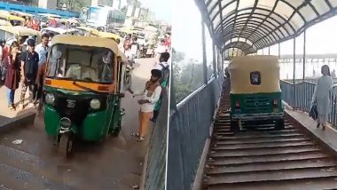 Auto-Rickshaw Stunt Video: Driver Rides Three-Wheeler on Crowded Foot Over Bridge to Escape Heavy Traffic Jam at Hamdard Nagar In Delhi