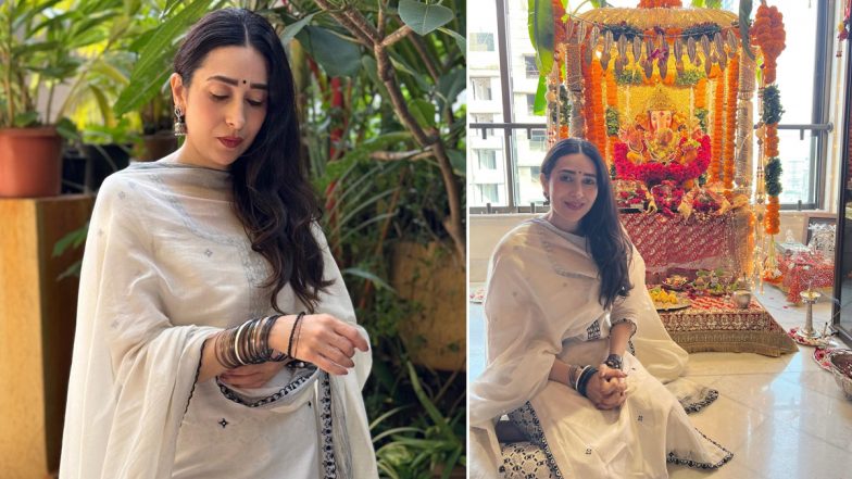 Karisma Kapoor Exudes Elegance in Her Simple White Ethic Outfit During Ganeshotsav Celebration (See Pics)