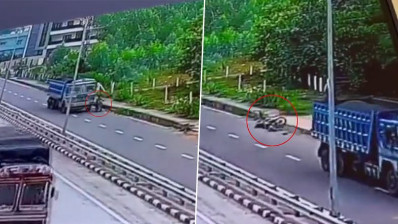 Andhra Pradesh Road Accident Video: Biker Killed After Being Hit by Truck at Neelakundilu Junction in Visakhapatnam, Incident Caught on CCTV Camera