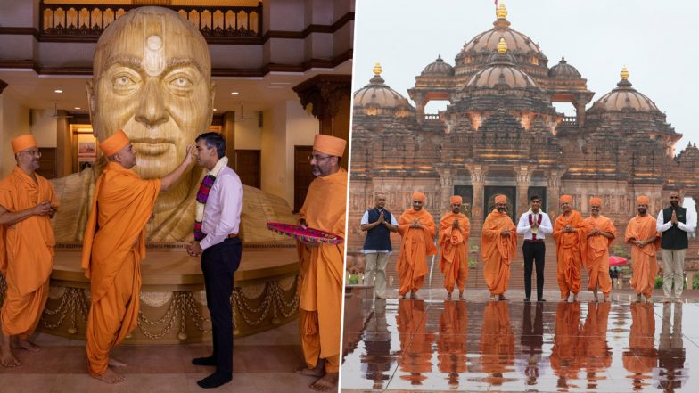 Rishi Sunak-Akshata Murthy Akshardham Temple Visit Photos and Video: UK Prime Minister, His Wife Visit Delhi Temple, Seek Blessings