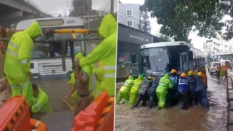 Hyderabad Rains: Traffic Police and GHMC DRF Rescue Stranded RTC Buses from Waterlogged Areas; Videos Surface