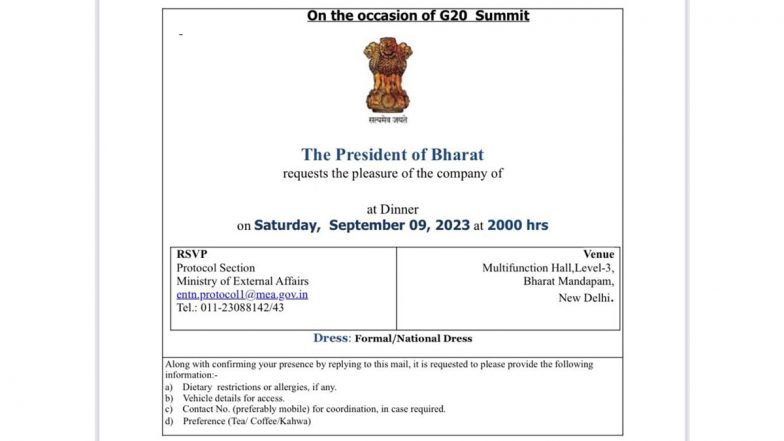 India To Be Renamed as Bharat? Presidential Invite for G20 Dinner With 'President of Bharat' Instead of 'President of India' Written on It Goes Viral