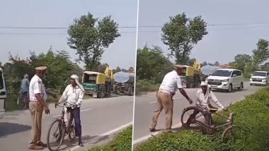 Uttar Pradesh: Cop Throws Away Commuter’s Bicycle to Make Way for UP Deputy CM’s Convoy to Pass, Video Surfaces