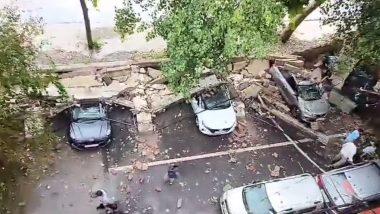 Delhi Wall Collapse Video: Several Cars Damaged After School Wall Collapses in Dilshad Garden Amid Heavy Rain