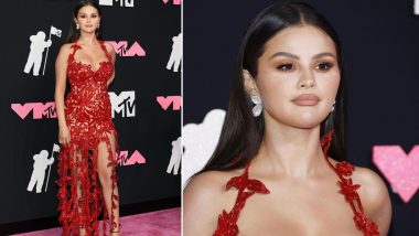 Selena Gomez Looks Drop-Dead Gorgeous in Red Lacy Dress at VMAs 2023 (See Pics)