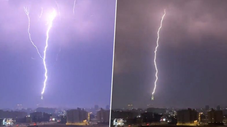 Lightning Strike on Clock Tower in Mecca Video: Massive Lightning Bolt Strikes Iconic Building in Saudi Arabia, Stunning Visuals Caught on Camera