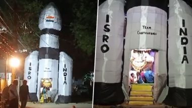 Chandrayaan 3-Themed Ganesh Pandal in Hyderabad Video: On Ganesh Chaturthi 2023, Team Chaturbhuj Builds Ganesh Pandal in Shape of ISRO Spacecraft