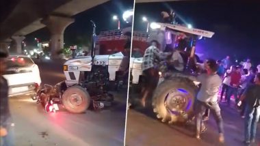 Uttar Pradesh Shocker: Tractor Rams Into Motorcycle Amid Celebration in Religious Procession in Ghaziabad, Driver Brutally Thrashed (Watch Video)