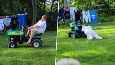 Man Falls Off Lawnmower While Demonstrating its Use to His Kids, Funny Video Goes Viral (Watch)