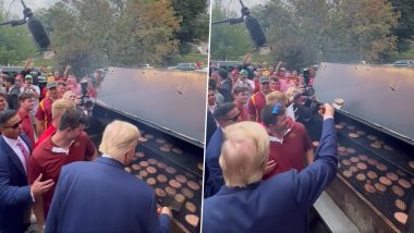 Donald Trump Flipping Burgers Video: Former US President Participates in Tailgate Activities, Flips Hamburgers in Front of Crowd at Iowa State University