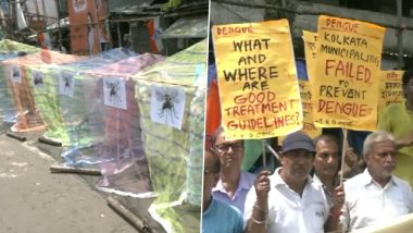 West Bengal: Congress Stages Unique Protest Against Surge of Dengue Cases in State, Workers Cover Themselves With Mosquito Nets in Kolkata (Watch Video)