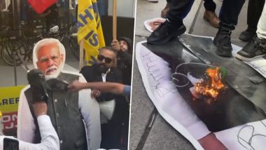 Tiranga Disrespected by Khalistani Supporters in Canada: Pro-Khalistan Protesters Burn Indian Flag, Spit on PM Narendra Modi's Effigy Outside Indian Consulate in Toronto (See Pic and Video)