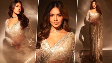 Esha Gupta Oozes Elegance in Silver Embellished Saree Paired With Matching Neck Plunging Blouse (See Pics)