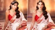 Nora Fatehi Looks Ethereal in Banarasi Silk Saree Paired With Red Sleeveless Blouse (See Pics)