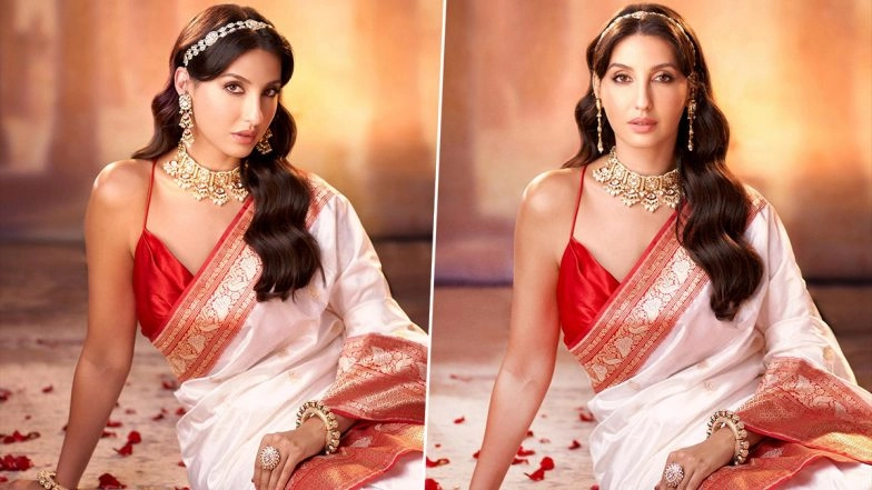 Nora Fatehi Looks Ethereal in Banarasi Silk Saree Paired With Red Sleeveless Blouse (See Pics)
