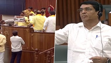 Chandrababu Naidu Arrest: TDP MLAs Protest in Well of Andhra Pradesh Assembly, Display Placards Protesting Arrest of Former CM (Watch Video)